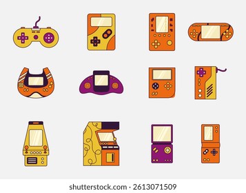 Retro gaming devices and consoles displayed in a collection.