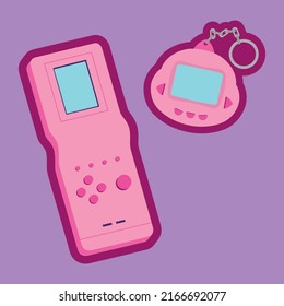 retro gaming devices illustration, handheld pocket pet toy and mini games. colorful fun 90s technology aesthetic. cool design, purple background.