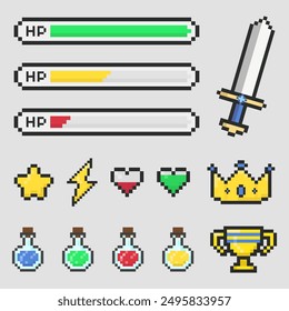 Retro Gaming elements 8bit pixel art style vector Pixel winner trophy cups, loading bar 