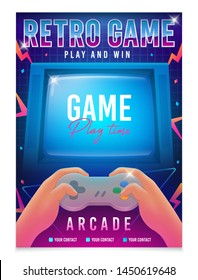 Retro gaming, Game of 80s-90s. Retro arcade game. Play time poster, flyer template. Vector illustration