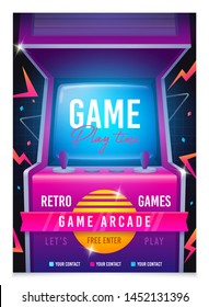 Retro Gaming, Game Of 80s-90s. Arcade Machine. Retro Arcade Game Machine. Play Time Poster, Flyer Template. Vector Illustration