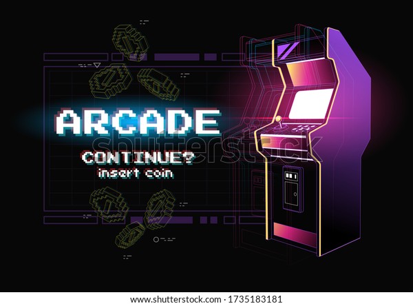 Retro gaming, Game of 80s-90s. Neon illustration\
of Arcade game machine. Technology and entertainment concept.\
Advertisement design.