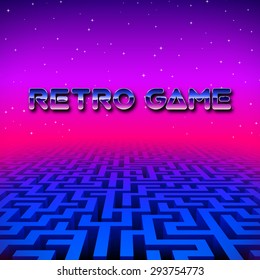 Retro gaming hipster neon landscape with blue labyrinth