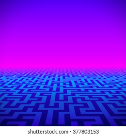 Retro gaming hipster neon landscape with blue labyrinth