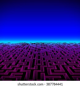 Retro gaming hipster neon landscape with labyrinth