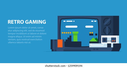 Retro gaming illustration in modern flat style. Old TV, vintage video game console, cartridge. Popular arcade platformer on the screen.
