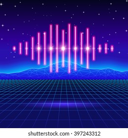 Retro gaming neon background with music wave