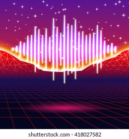 Retro gaming neon background with music wave