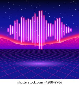 Retro gaming neon background with music wave