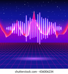 Retro gaming neon background with music wave