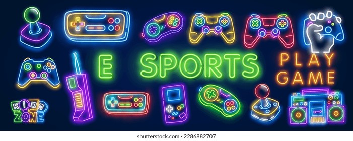 Retro gaming. Outline vector illustration of headset and joystick in 3d neon line art style on abstract background