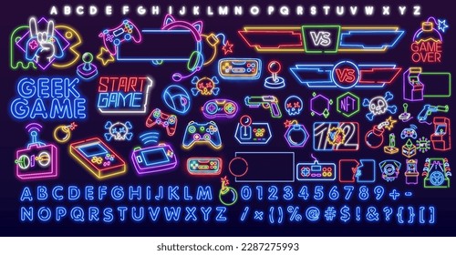 Retro gaming. Outline vector illustration of headset and joystick in 3d neon line art style on abstract background