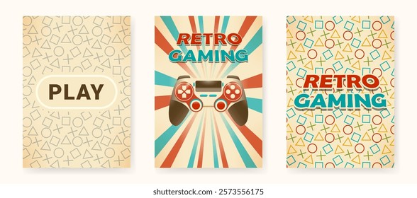 Retro gaming pattern posters with joystick or controller. Game cover background set
