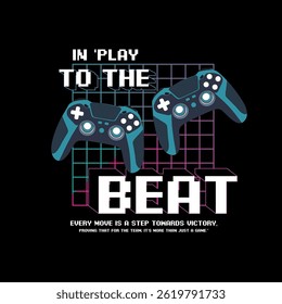 Retro Gaming Poster with Motivational Slogan Featuring Neon Grid and Controllers.
