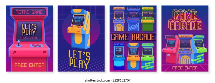 Afiches de juegos retro. Volante de invitación a eventos de juegos de arcade, permite jugar afiches con máquinas de juegos antiguas establecidas vectoriales. Equipos electrónicos para entretenimiento, visualización electrónica con botones y joystick