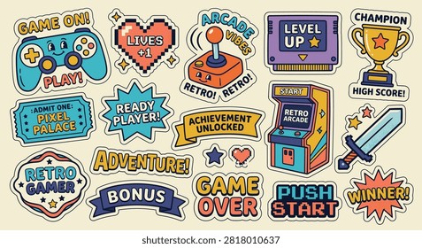 Retro Gaming Sticker Sheet Featuring Vintage Video Game Icons, Pixel Art Heart, Joystick, Gamepad, Arcade Machine, and Gaming Quotes in Y2K Aesthetic Vector Illustration Style.