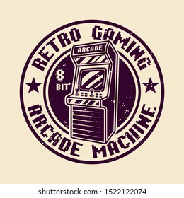 Retro Gaming Vector Round Badge, Emblem Or Logo With Arcade Machine Isolated Illustration