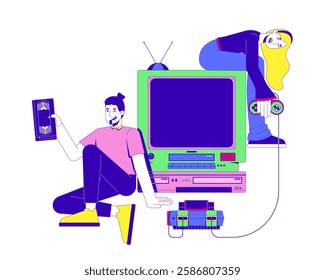 Retro gaming and VHS era nostalgia 2D illustration concept. Controller gamer girl. Video cassette man. Y2K friends old TV cartoon characters isolated on white. Metaphor abstract flat vector graphic