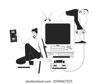 Retro gaming and VHS era nostalgia black and white 2D illustration concept. Controller gamer girl. Video cassette man. Y2K friends old TV outline characters isolated. Metaphor monochrome vector art