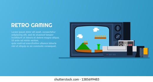 Retro gaming, video games concept. Retro console with tv set and gamepad controllers. Flat style vector illustration