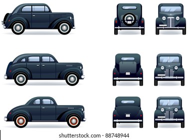 Retro gangster car (1930-40th). Set of the car icons in vector. The shadows are in the separate layer.

