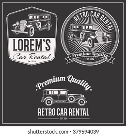 Retro gangster car rental isolated logo set emblems, badges and design elements on dark background