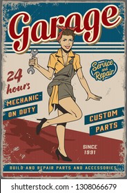 Retro garage repair service vintage poster with pin up pretty girl in mechanic uniform holding wrench vector illustration