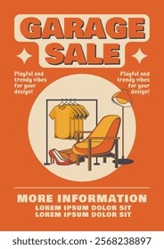 Retro Garage Sale Poster, Flyer, or Vertical Web Banner Featuring Hand-Drawn Vintage Furniture, a Clothing Rack, and a Bold Orange-Yellow Theme.