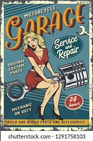 Retro garage service colorful poster with pin up blonde woman sitting on engine piston in vintage style vector illustration