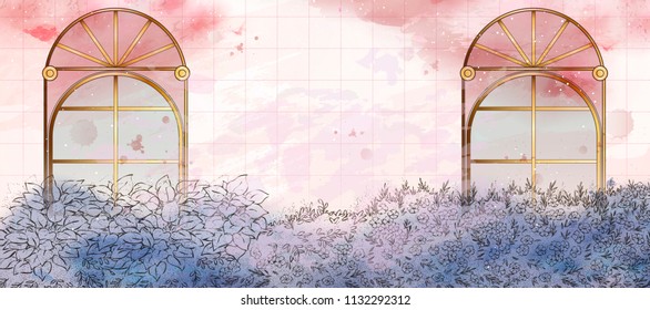 Retro garden background with flower bed and windows in purple and pink tone