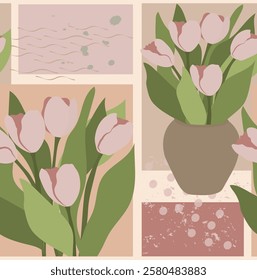 Retro garden flowers seamless print pattern. Botanical floral tulips composition. Vintage groovy design.
