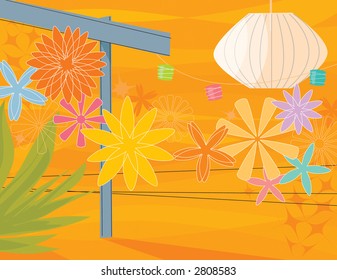 Retro Garden Party. Modern, colorful stylized outdoor patio party with arbor and flowers. Items are grouped so you can use them independently from the background.