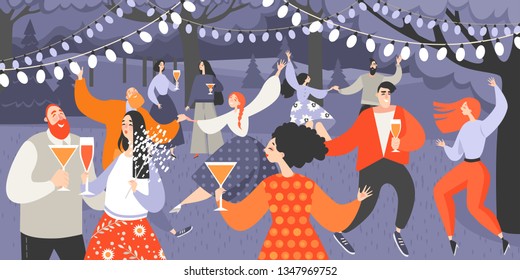 Retro garden party with people dancing and drinking wine. Cartoon characters having fun in the park at night. Vector illustration of cute dancing couples