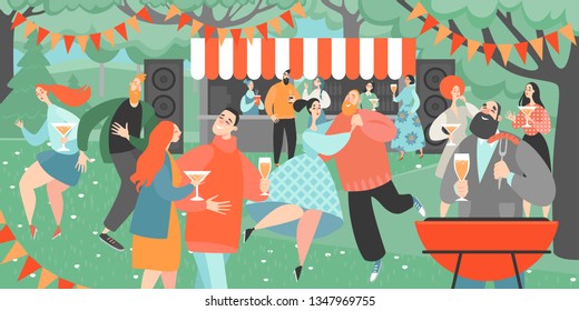 Retro garden party with people dancing and drinking wine. Cartoon characters having fun in a park at a barbecue party