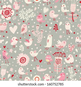Retro garden seamless pattern, flowers and birds. Vintage texture in pastel colors