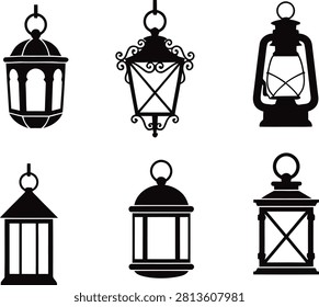 Retro gas light outline collection icon pack of classic burner lanterns.