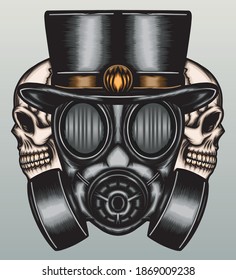 Retro gas mask with skull. Premium vector