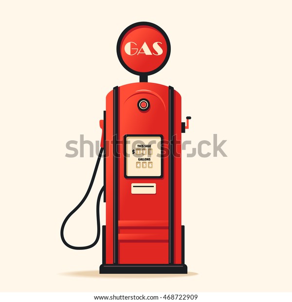Retro gas station. Cartoon vector illustration.\
Vintage design. Gasoline\
pump