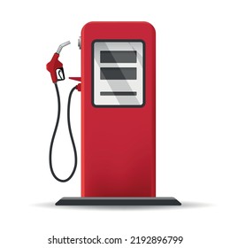 Retro gas station pump. Gasoline pumping service equipment, old design red fuel tank dispenser for diesel oil petrol out fill petrol isolated vector illustration