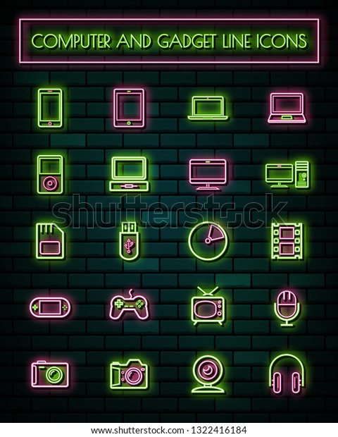 Retro Gatget thin neon glowing line icons\
set.vector illustration.