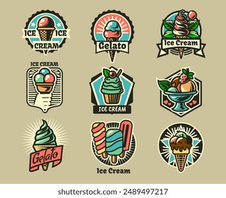 Retro gelato logo. Vintage ice cream bar badge. Company icon. Cold sweet dessert cone. Food shop menu label design. Soft summer frozen snack emblem. Popsicle milk flavor waffle. Vector stickers set