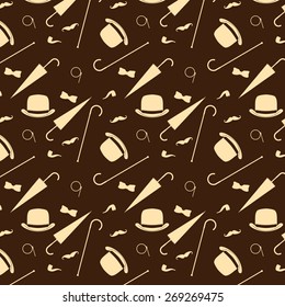 Retro gentleman elements - bowler, moustache, tobacco pipe monocle, cane and umbrella seamless pattern.