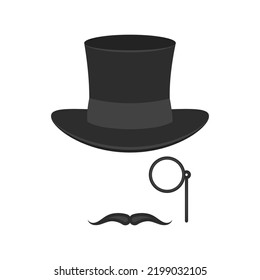 Retro gentleman elements flat set. Top hat, monocle and mustache.