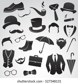 Retro gentleman fashion set - icons collection. Vector art.