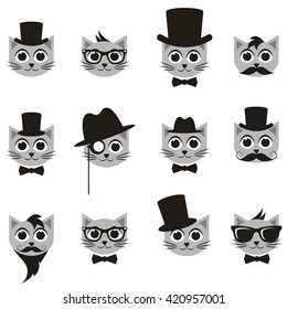 retro gentleman and hipster cat icons set