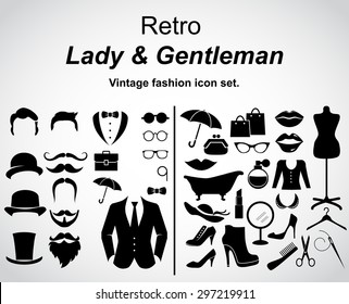 Retro Gentleman And Lady. Vintage Fashion Icon Set. Vector Art.