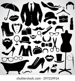 Retro gentleman and lady. Vintage fashion icon set. Vector art.