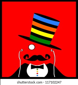 retro gentleman with monocle and modern earphones wearing colorful top hat