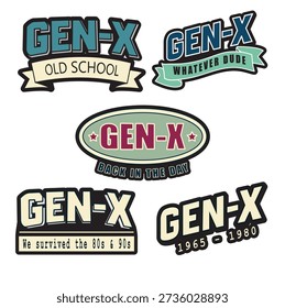 Retro Gen-X typography badge collection inspired by 80s and 90s culture. Vintage lettering designs suitable for t-shirts, stickers, posters, apparel, and merchandise.
