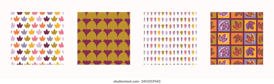 Retro geo botanical vector pattern collection in elegant style. Luxury print textur for beautiful feminine wallpaper decor set. Multicolor 70s leaf design. 